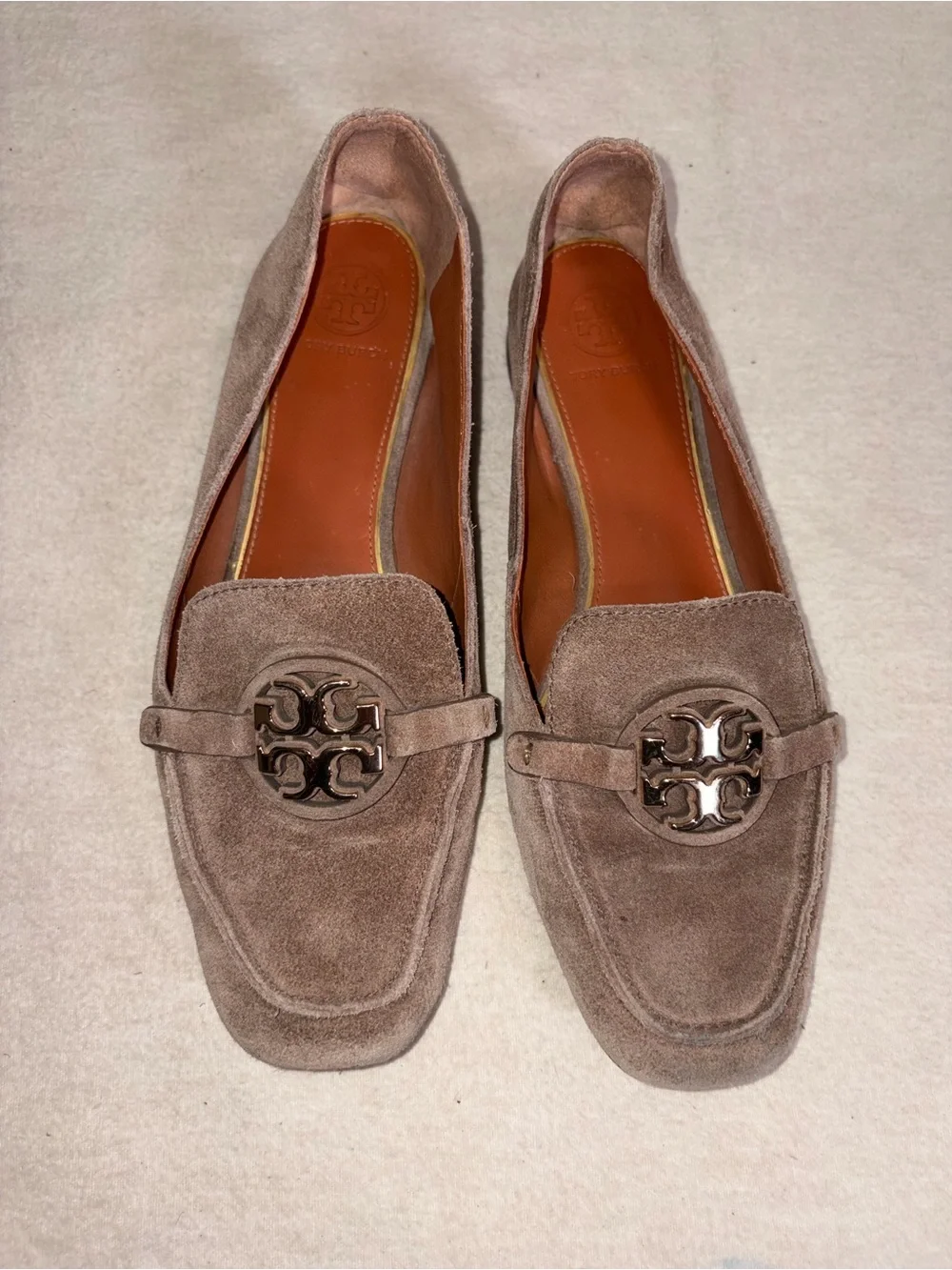 Tory Burch‎ Metal Miller 15MM Loafer Beige Taupe Suede Leather Size 7.5M